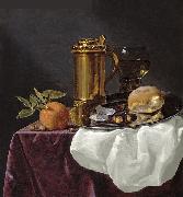 simon luttichuys Tankard with Oysters, Bread and an Orange resting on a Draped Ledge Spain oil painting artist